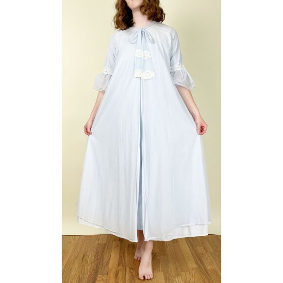 Vintage Chiffon Two Piece Matching Set Robe Slip Lace Maxi Chemise Dress 50s 60s - Picture 4 of 7